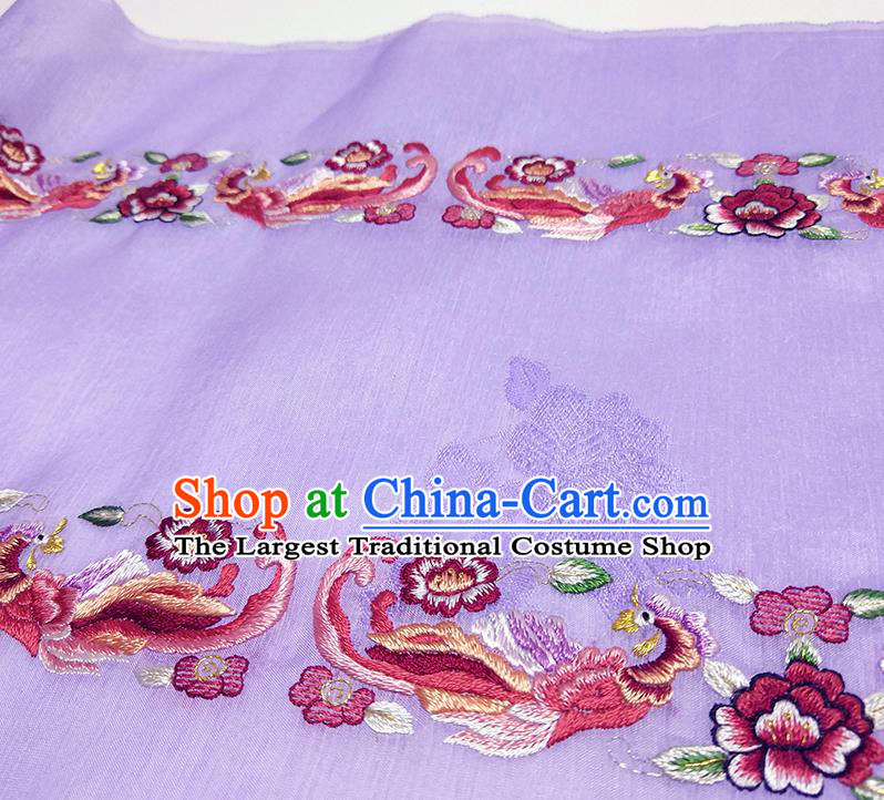 Asian Chinese Traditional Embroidered Phoenix Peony Pattern Design Purple Silk Fabric China Hanfu Silk Material