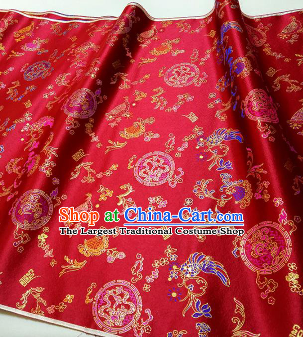 Asian Chinese Traditional Dragon Crane Pattern Design Red Brocade Silk Fabric China Hanfu Satin Material