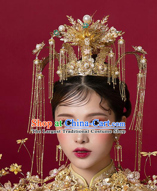 Top Chinese Traditional Bride Golden Luxury Phoenix Coronet Handmade Tassel Hairpins Wedding Hair Accessories Complete Set