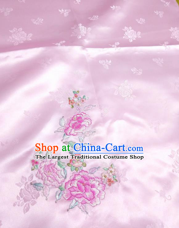 Chinese Traditional Embroidered Peony Pattern Design Pink Silk Fabric Asian Brocade China Hanfu Satin Material