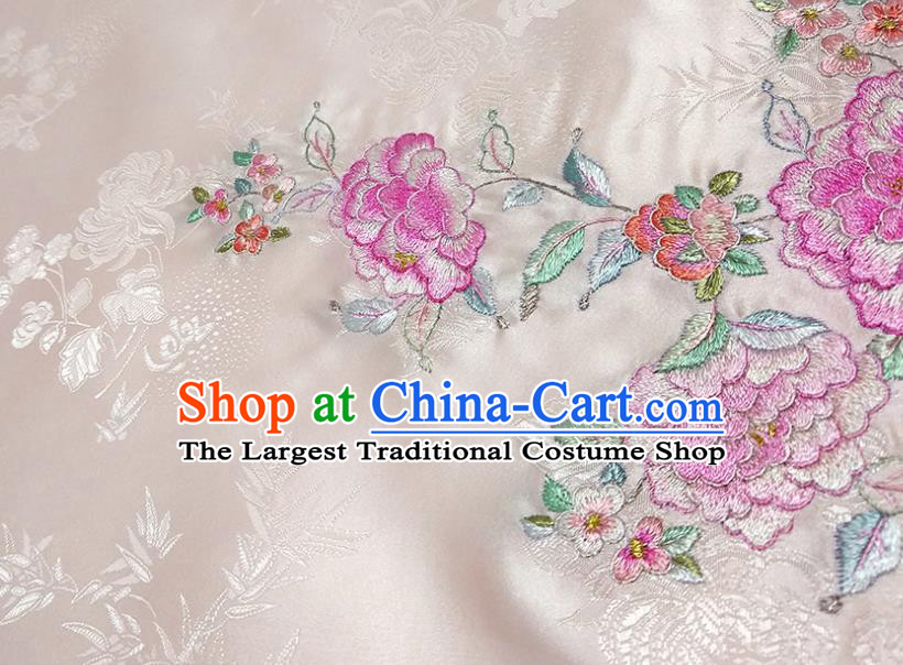 Chinese Traditional Embroidered Peony Pattern Design Light Pink Silk Fabric Asian Brocade China Hanfu Satin Material