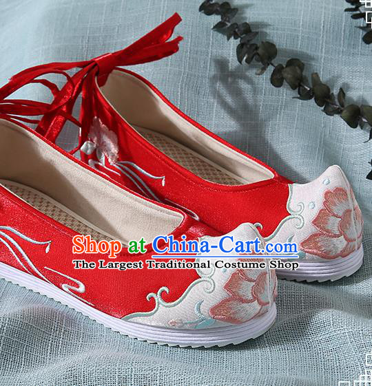 Chinese Handmade Red Embroidered Bow Shoes Traditional Ming Dynasty Hanfu Shoes Princess Shoes for Women