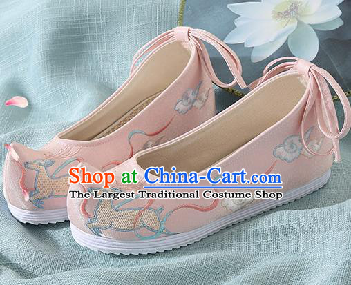 Chinese Handmade Embroidered Deer Pink Bow Shoes Traditional Ming Dynasty Hanfu Shoes Princess Shoes for Women