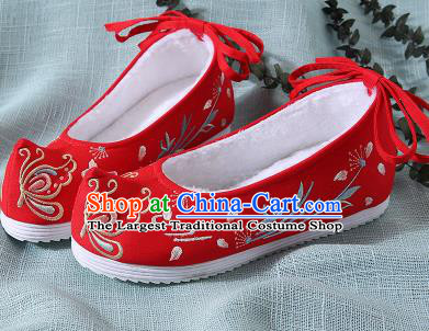 Chinese Handmade Embroidered Butterfly Red Shoes Traditional Ming Dynasty Hanfu Shoes Princess Shoes for Women