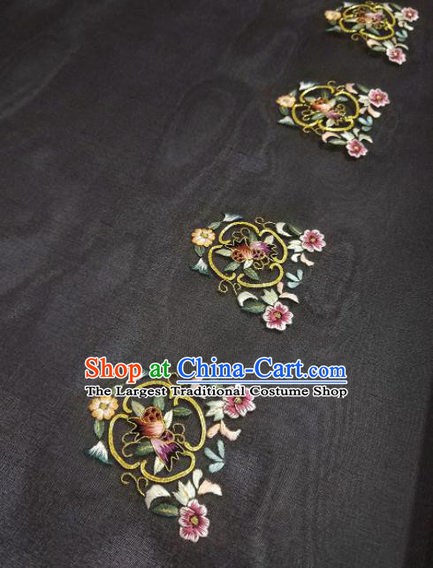 Chinese Traditional Embroidered Flowers Pattern Design Black Silk Fabric Asian China Hanfu Silk Material