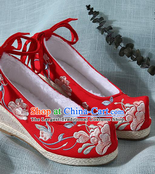 Chinese Handmade Embroidered Winter Red High Heels Shoes Traditional Ming Dynasty Hanfu Shoes Princess Shoes for Women
