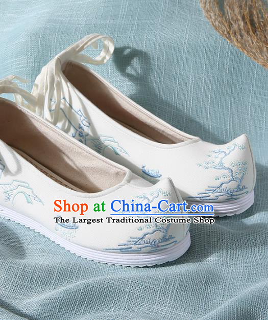 Chinese Handmade Embroidered Pine White Bow Shoes Traditional Ming Dynasty Hanfu Shoes Princess Shoes for Women