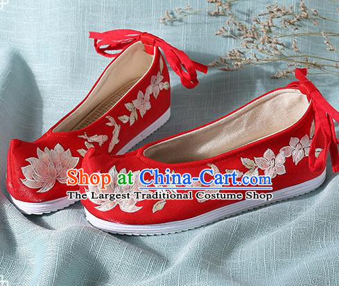 Chinese Handmade Embroidered Lotus Red Bow Shoes Traditional Ming Dynasty Hanfu Shoes Princess Shoes for Women