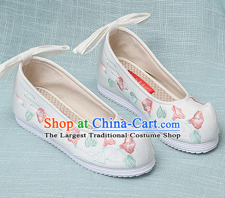 Chinese Handmade Embroidered Petunia White Bow Shoes Traditional Ming Dynasty Hanfu Shoes Princess Shoes for Women