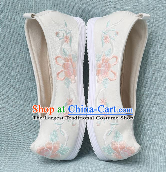 Chinese Handmade Embroidered Peony Beige Bow Shoes Traditional Ming Dynasty Hanfu Shoes Princess Shoes for Women