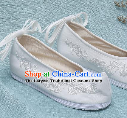 Chinese Handmade Embroidered Cloud White Bow Shoes Traditional Ming Dynasty Hanfu Shoes Princess Shoes for Women