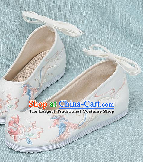 Chinese Handmade Embroidered Bird Peony White Bow Shoes Traditional Ming Dynasty Hanfu Shoes Princess Shoes for Women