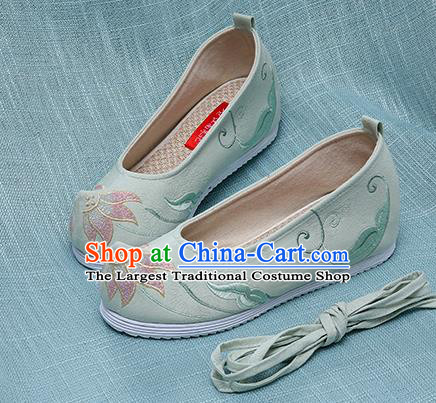 Chinese Handmade Embroidered Lotus Green Bow Shoes Traditional Ming Dynasty Hanfu Shoes Princess Shoes for Women