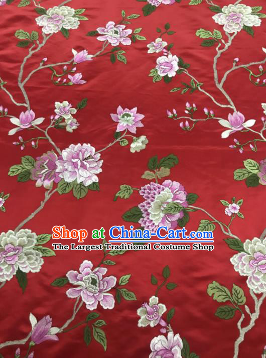 Chinese Traditional Embroidered Yulan Magnolia Pattern Design Red Silk Fabric Asian China Hanfu Silk Material