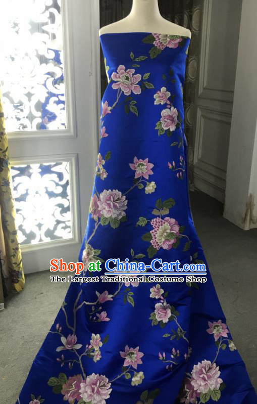 Chinese Traditional Embroidered Peony Pattern Design Royalblue Silk Fabric Asian China Hanfu Silk Material