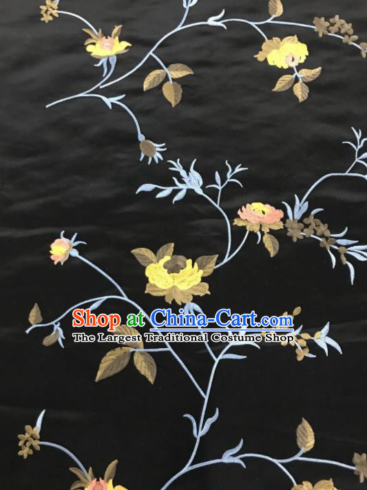 Chinese Traditional Embroidered Vine Flowers Pattern Design Black Silk Fabric Asian China Hanfu Silk Material