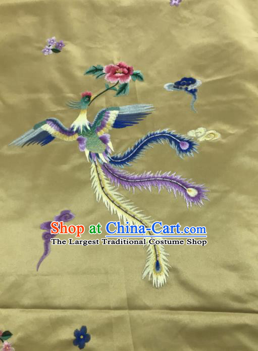 Chinese Traditional Embroidered Phoenix Peony Pattern Design Golden Silk Fabric Asian China Hanfu Silk Material