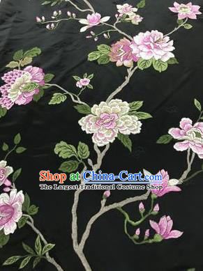 Chinese Traditional Embroidered Peony Pattern Design Black Silk Fabric Asian China Hanfu Silk Material