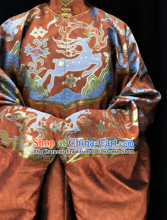 Chinese Traditional Deers Pattern Design Carrot Orange Brocade Fabric Asian China Hanfu Satin Material