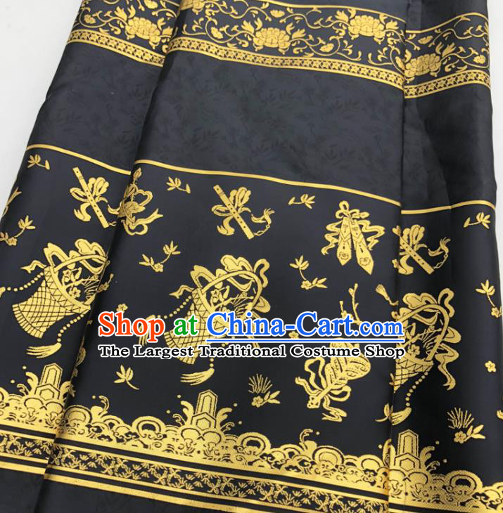 Chinese Traditional Eight Immortals Pattern Design Black Brocade Fabric Asian China Satin Hanfu Material