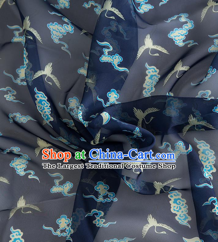 Chinese Traditional Printing Crane Pattern Design Navy Chiffon Fabric Asian China Hanfu Material