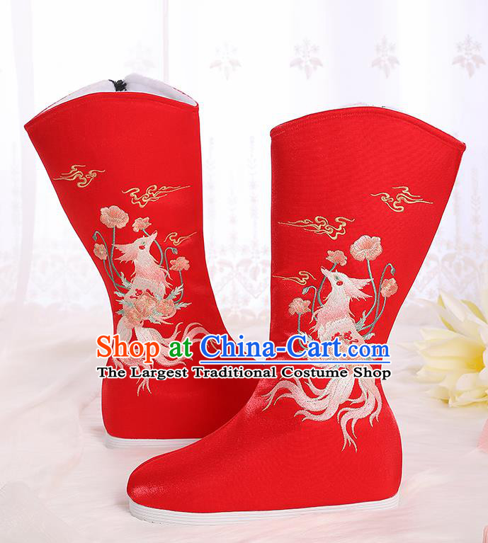Asian Chinese Red Embroidered Fox Boots Traditional Opera Boots Hanfu Shoes for Women