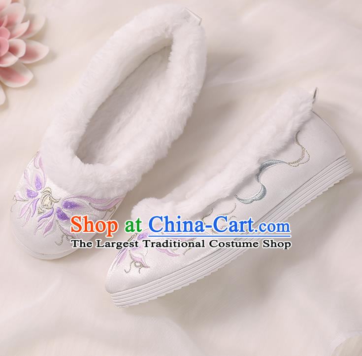 Asian Chinese Winter Shoes Embroidered Purple Flower Shoes Traditional Opera Shoes Hanfu Shoes for Women