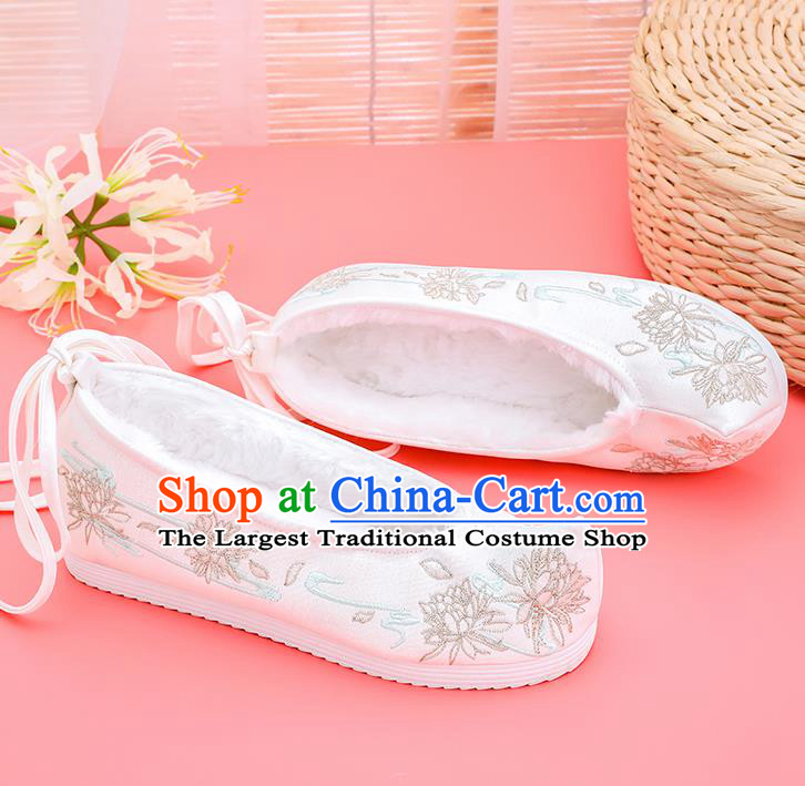 Asian Chinese Winter White Bow Shoes Embroidered Epiphyllum Shoes Traditional Opera Shoes Hanfu Shoes for Women