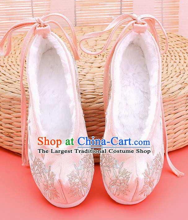 Asian Chinese Winter Light Pink Bow Shoes Embroidered Epiphyllum Shoes Traditional Opera Shoes Hanfu Shoes for Women