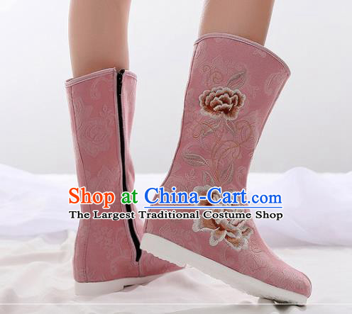 Asian Chinese Embroidered Peony Pink Boots Traditional Opera Boots Hanfu Shoes for Women