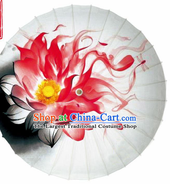 Chinese Traditional Printing Red Lotus Oil Paper Umbrella Artware Paper Umbrella Classical Dance Umbrella Handmade Umbrellas