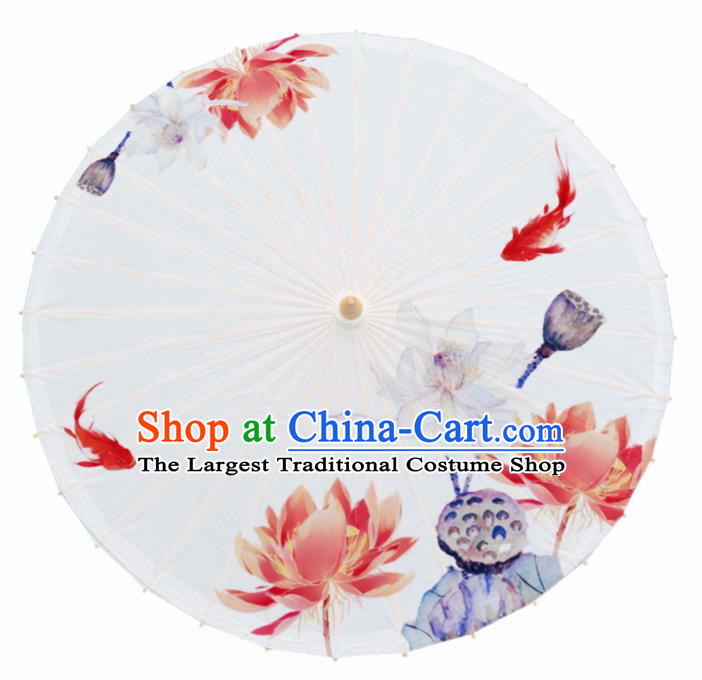Chinese Traditional Printing Lotus Goldfish Oil Paper Umbrella Artware Paper Umbrella Classical Dance Umbrella Handmade Umbrellas