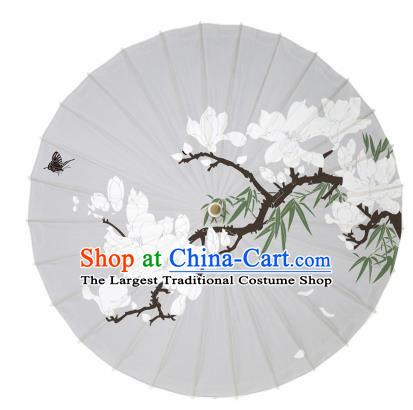 Chinese Traditional Printing Mangnolia Grey Oil Paper Umbrella Artware Paper Umbrella Classical Dance Umbrella Handmade Umbrellas