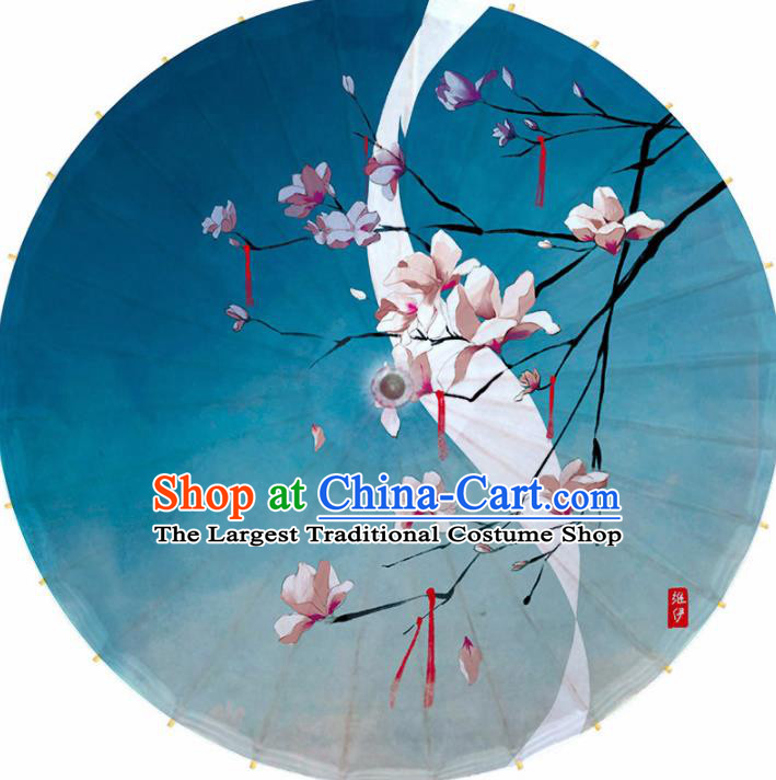 Chinese Printing Mangnolia Blue Oil Paper Umbrella Artware Paper Umbrella Traditional Classical Dance Umbrella Handmade Umbrellas
