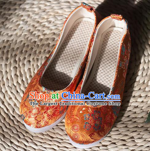 Asian Chinese Traditional Hanfu Orange Brocade Shoes Ancient Princess Shoes Handmade Shoes for Women