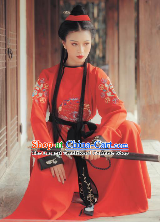 Chinese Traditional Tang Dynasty Swordswoman Costumes Ancient Female Knight Red Hanfu Dress for Women