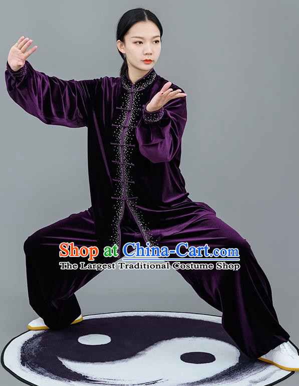 Chinese Traditional Tai Chi Training Purple Velvet Costumes Martial Arts Performance Outfits for Women