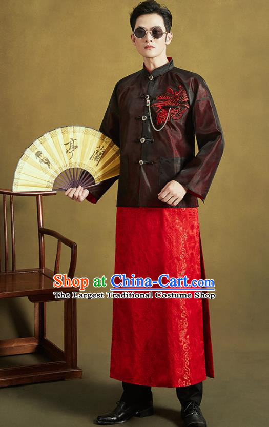 Chinese Traditional Wedding Tang Suit Costumes Ancient Bridegroom Embroidered Black Mandarin Jacket and Red Long Gown for Men