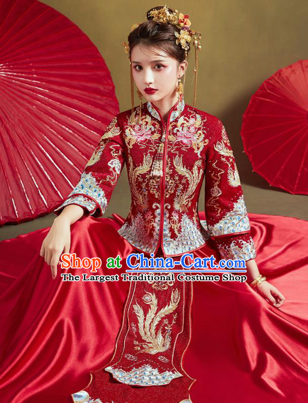 Chinese Traditional Drilling Red Xiu He Suit Embroidered Phoenix Peony Wedding Dress Ancient Bride Costumes for Women