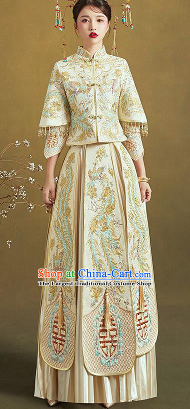 Chinese Traditional Embroidered Xiu He Suit Ancient Wedding Beige Dress Bride Costumes for Women