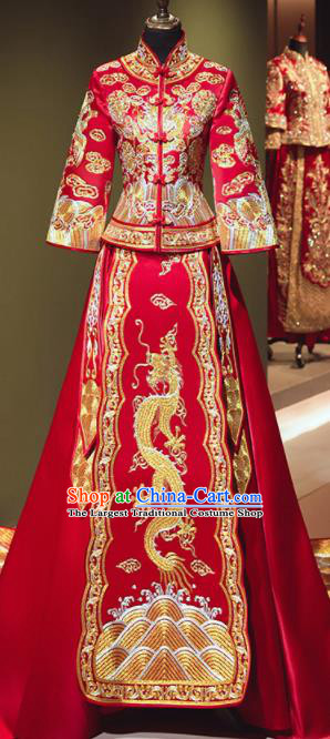 Chinese Traditional Wedding Xiu He Suit Embroidered Dragon Red Jacket and Dress Ancient Bride Costumes for Women