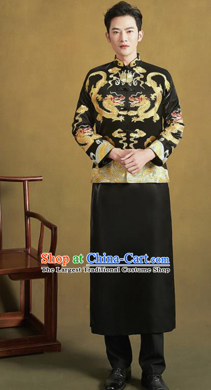 Chinese Ancient Bridegroom Embroidered Black Mandarin Jacket and Long Gown Traditional Wedding Tang Suit Costumes for Men