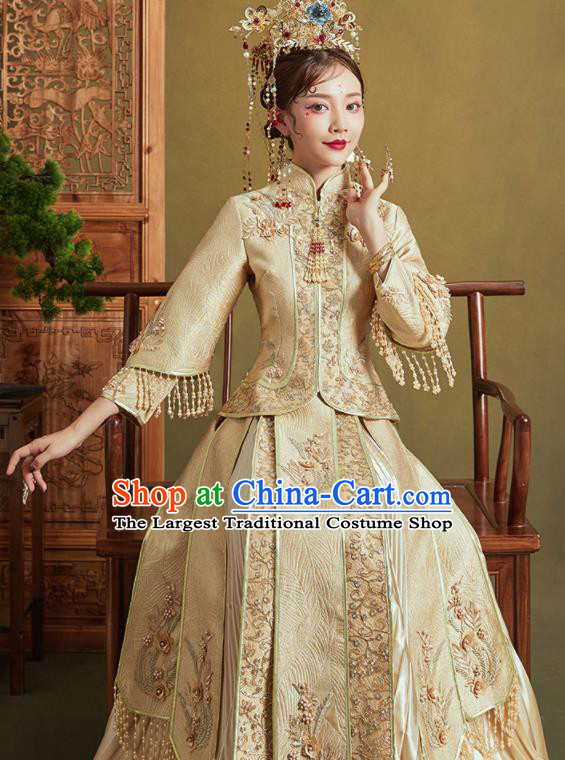 Chinese Traditional Wedding Xiu He Suit Embroidered Light Golden Jacket and Dress Ancient Bride Costumes for Women