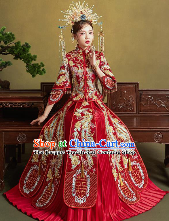 Chinese Traditional Wedding Embroidered Phoenix Drilling Xiu He Suit Red Blouse and Dress Ancient Bride Costumes for Women