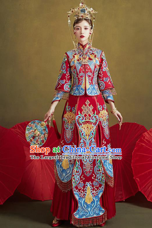 Chinese Traditional Blue Embroidered Wedding Xiu He Suit Blouse and Dress Ancient Bride Costumes for Women