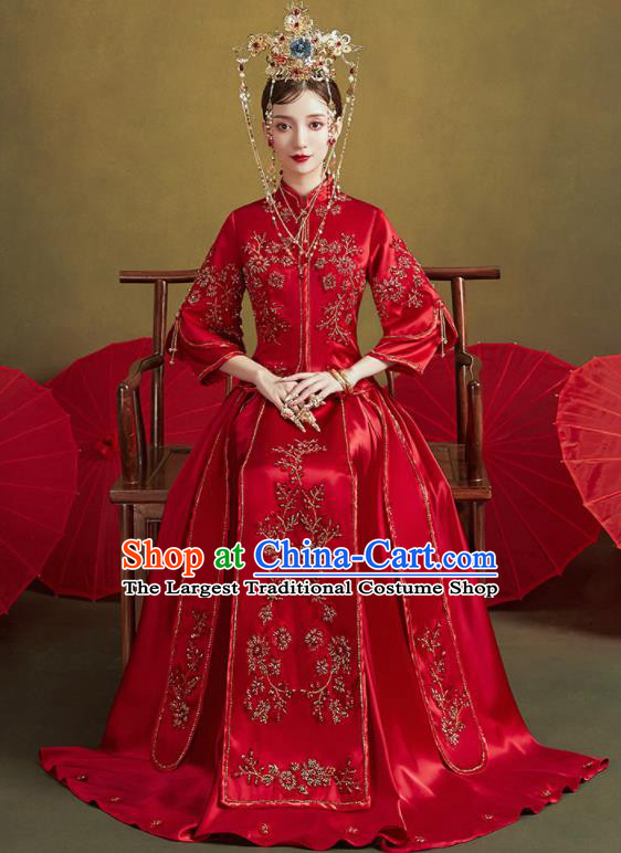 Chinese Traditional Embroidered Plum Wedding Xiu He Suit Blouse and Dress Ancient Bride Costumes for Women