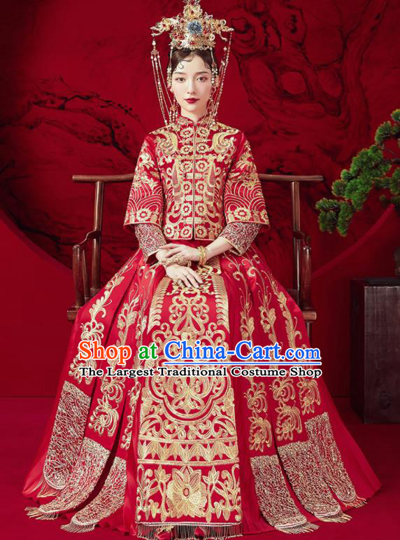 Chinese Traditional Wedding Xiu He Suit Embroidered Blouse and Dress Ancient Bride Costumes for Women