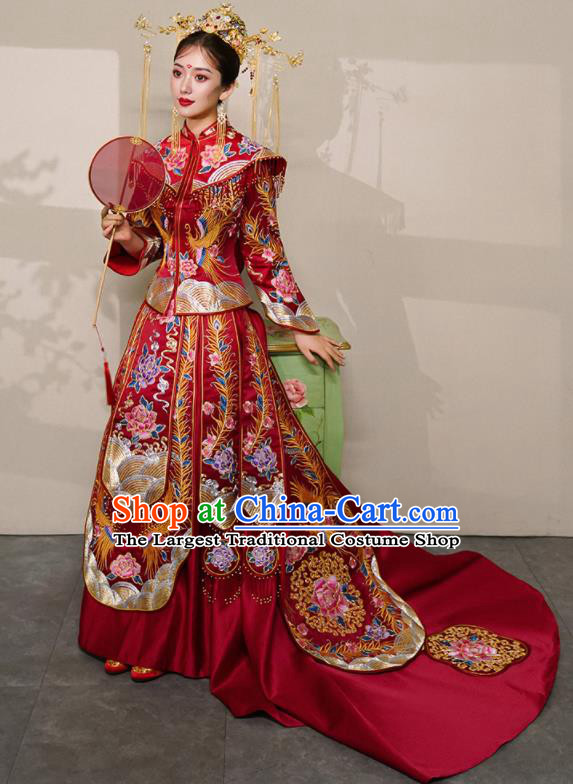 Chinese Traditional Xiu He Suit Wedding Embroidered Peony Red Blouse and Dress Bottom Drawer Ancient Bride Costumes for Women