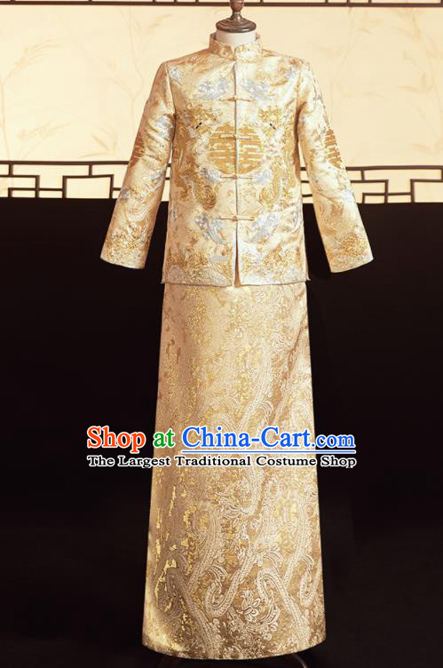 Chinese Ancient Bridegroom Golden Embroidered Dragons Mandarin Jacket and Pants Traditional Wedding Tang Suit Costumes for Men