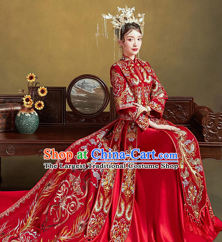 Chinese Traditional Ancient Bride Drilling Costumes Embroidered Phoenix Red Xiu He Suit Wedding Blouse and Dress Bottom Drawer for Women